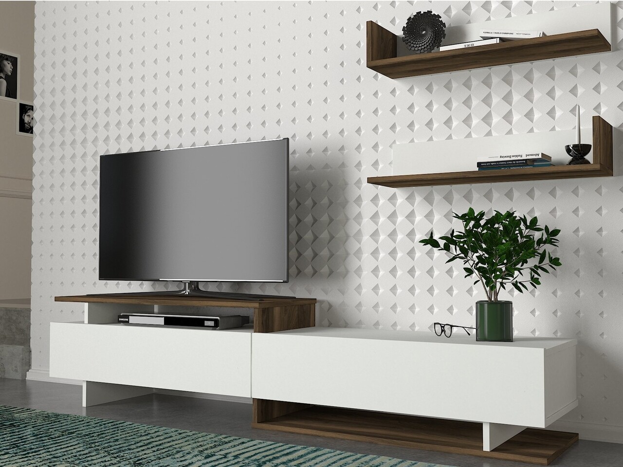 Comoda TV cu 2 rafturi Nirvana, Furny Home, 180x35.6x40 cm, alb/maro - imagine 7